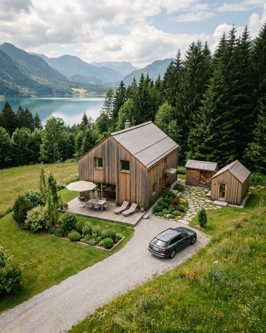 Modernes Holz-Ferienhaus am Bergsee aus der Luft
