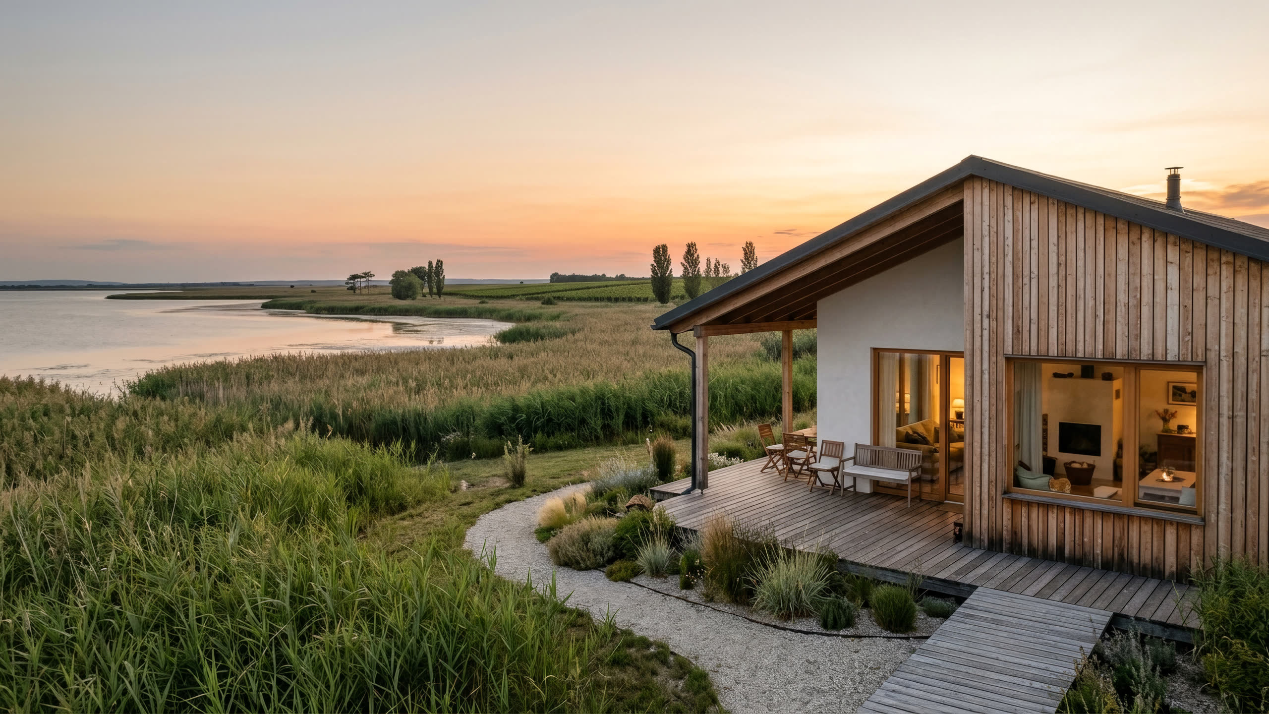 Modernes Ferienhaus in Österreich bei Abendlicht