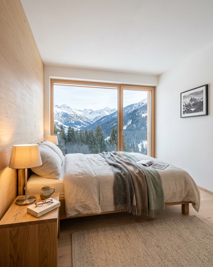 Modernes Schlafzimmer mit Blick auf die Alpen